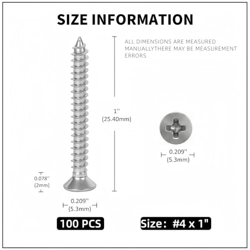 #4 x 1 [100 Pack] Flat Head Phillips Drive Self Tapping Screws, Sheet Metal Screws, 304 Stainless Steel (18-8), Corrosion Resistant Screws for Wood, Sheet Metal and More - size: #4 x 1