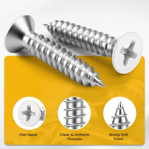 #6 x 5/8" Flat Head Wood Screw, Sheet Metal Screws, Stainless Steel 18-8 (304), White Head, 100 PCS - color: White Head, size: #6 x 5/8"