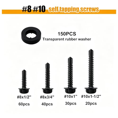 weideer 300pcs #8#10 Self Tapping Screws,410 Stainless Steel Hex Washer Head Sheet Metal Screw,Black Self Tapping Screws for Metal,Quick Tapping Screw with Rubber Washer - size: BK 300PCS #8#10 Kit