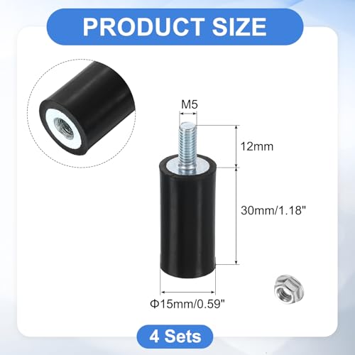 uxcell M5 Rubber Mounts, 4Pcs 15x30mm(DxH) Rubber Cylindrical Anti Vibration Isolator Shock Absorber with Lock Nuts for Car Bobbin Generator Air Compressors - size: M5x15mm, 15x30mm Rubber