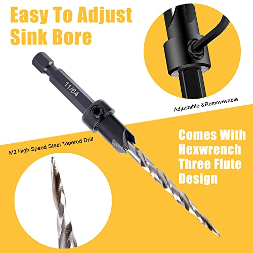 Newdeli 9pcs Wood Countersink Drill Bit Set 1/4" Quick Change Shank - 5Pc Adjustable Countersink Bit #8(11/64") - 2 Extra 11/64 Tapered Drill Bits - 1 Adjust Collar - 1 Wrench, Pilot Screw Hole Set - style: 9pc All Same Size Set(#8)