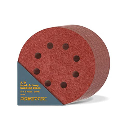 POWERTEC 50PK, 40 Grits, Sanding Discs 5 Inch - Hook and Loop, 5 Inch 8 Hole Aluminum Oxide Sandpaper Discs, Woodworking Sanding Pads for Random Orbital, Palm, Air, DA & Pneumatic Sander (45004-P2)