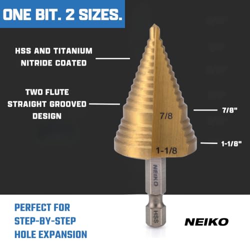 NEIKO 10628A Step Drill Bit, 2 Steps 7/8" to 1-1/8" Straight High Speed Steel, Titanium Nitride Coated, 1/4" Quick Change Step Bits for Steel, Metal, Wood, Plastic, Unibit Cone Drill Bits, Two Flute - size: #9 (7/8 - 1-1/8", 2S), style: Straight