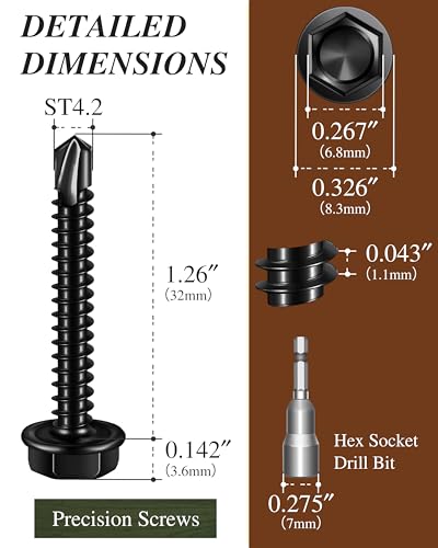 100PCS #8 x 1-1/4" Self Drilling Screws, Black Self Tapping Screws for Metal, 410 Stainless Steel Hex Washer Head Sheet Metal Screw, Quick Tapping with 7mm Hex Socket - color: Black, size: #8 x 1-1/4"