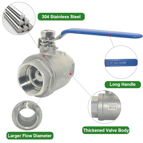 304 Stainless Steel Female NPT Ball Valve 1-1/2 Inch Standard Full Port for Water Oil Gas Vinyl Handle WOG1000 - size: 1-1/2 Inch, style: Pack of 1
