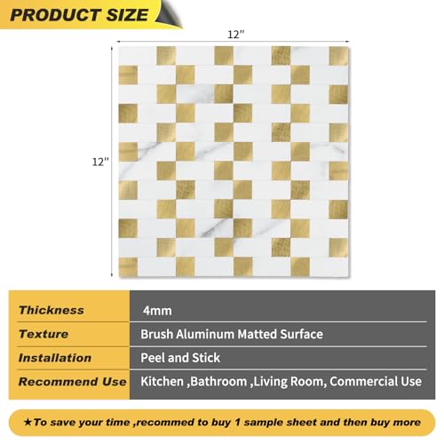 Yipscazo Peel and Stick Backsplash Tile, Stick on Stainless Steel Backsplash Metal Tiles for Kitchen Walls in Marble White Mixed Gold (12''x12'',10 Sheets) - color: Marble White mixed Gold