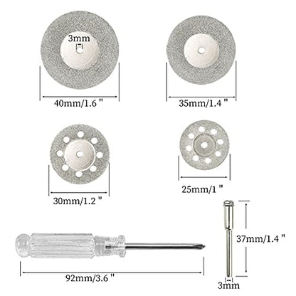 40 Pcs Diamond Cutting Wheel Set, 25mm/30mm/35mm/40mm Diamond Coated Cutting Wheel with 8 Pcs 3mm Mandrel and 2 Pcs Screwdriver