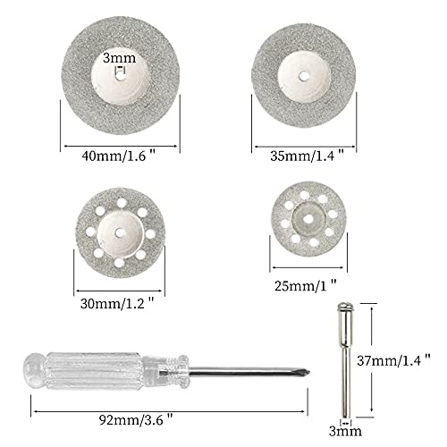 40 Pcs Diamond Cutting Wheel Set, 25mm/30mm/35mm/40mm Diamond Coated Cutting Wheel with 8 Pcs 3mm Mandrel and 2 Pcs Screwdriver
