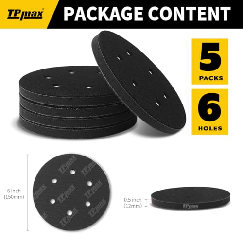 TPmax 6 Inch 6 Hole Sanding Interface Pads Hook & Loop Foam Pads for Orbital Sander Woodworking 5 Pack - size: 6 Hole