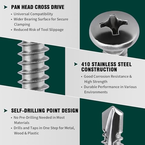 #6 x 1 Pan Head Self Drilling Screws, Phillips Drive, 410 Stainless Steel Sheet Metal Screws,Self Tapping, Dovetail, Pack of 100 - size: #6 x 1"