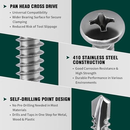 #8 x 3/4" Pan Head Self Drilling Screws, Phillips Drive, 410 Stainless Steel Sheet Metal Screws,Self Tapping, Dovetail, Pack of 100 - size: #8 x 3/4"