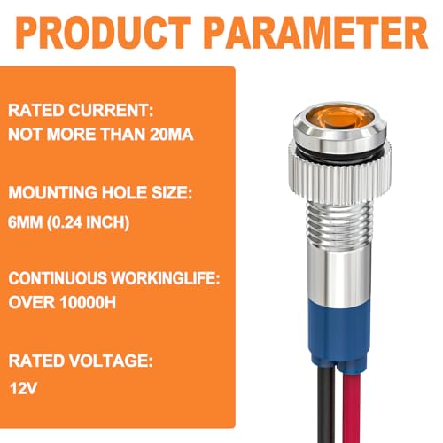 GASHER 5 PCS Energy Saving Indicator Light, LED Light 12V/24V/110V 20mA Panel Mount Light, Mounting Hole Size 6mm Yellow LED (12V) - color: Yellow, size: 6MM（12V）