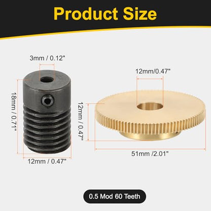 uxcell Worm Gear Set 100T 0.5 Module 100:1 Reduction Rate, Right Rotation Drive Gear Box Wheel Reduce Transmission Part (Brass Gear-12mm Bore, #45 Steel Rod 3mm Bore) - size: Gear-12mm, Rod-3mm Bore, style: 0.5M-100T