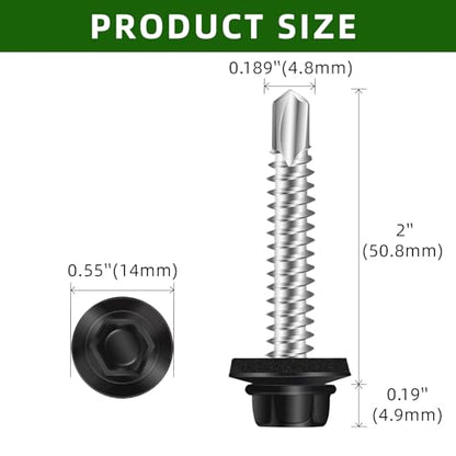 Mellewell #10 x 2 Self Drilling Metal Roofing Screws, Black Hex Head Sheet Metal Roof Screws with EPDM Washer, Hex Socket Included, 100 PCS - color: Black, size: #10 x 2"
