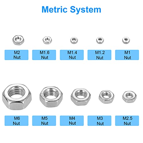 380Pcs Metric Hex Nuts Assortment Kit, for Screw Bolt (M1/M1.2/M1.4/M1.6/M2/M2.5/M3/M4/M5/M6), 18-8 Stainless Steel Hex Hexagonal Nuts, External Hex Nut Set - size: Metric Kit: M1 to M6