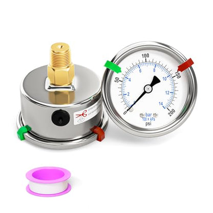 0-200Psi Stainless Steel Dry Low Pressure Gauge 1/4" NPT 2" Dual Scale Dial, Back Mount, Waterproof for Water Oil Air Well pump, compressors, Tire Gas Pressure Test (with Range Mark Pointer) - size: 0-200Psi, style: Back Mount(1/4"NPT)