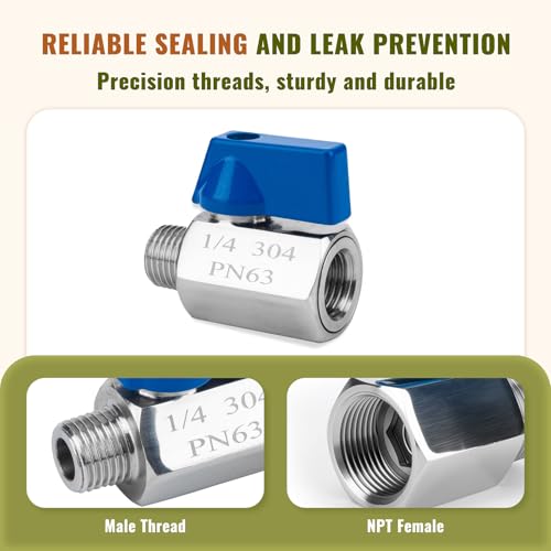 2 Pack 1/4" Mini Ball Valve, 304 Stainless Steel Valve NPT Female x Male Thread Shut-Off Valves for Small Compact Space (2, 1/4 Inch) - size: 1/4 Inch