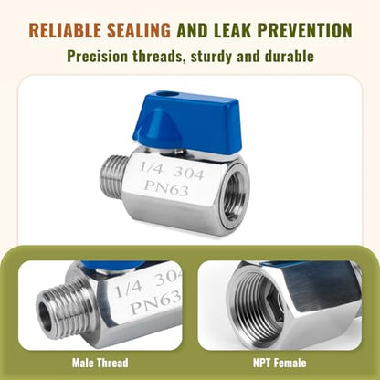 2 Pack 1/4" Mini Ball Valve, 304 Stainless Steel Valve NPT Female x Male Thread Shut-Off Valves for Small Compact Space (2, 1/4 Inch) - size: 1/4 Inch