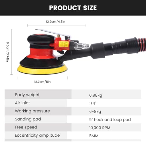 Professional Air Random Orbital Palm Sander, Dual Action Pneumatic Sander, Low Vibration, Heavy Duty Connect to Vacuum Cleaner