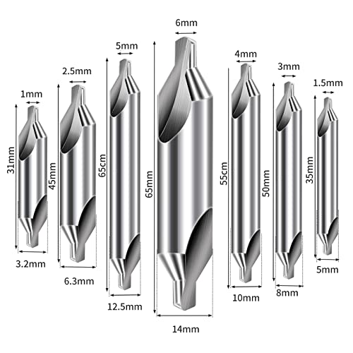 Aleric Center Drill Bits Set - High Speed Steel Center Drill Bit Countersink Tools for Lathe Metalworking, 7 pcs 60-Degree Angle Centering Drill in Size 1.0 1.5 2.0 2.5 3.0 4.0 5.0