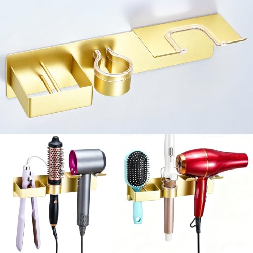 Hair Dryer Holder Wall Mount Curling Iron Holder Flat Iron Holder, Blow Dryer Holder Wall, 3 in 1 Bathroom Hair Tool Organizer Rack for Universal Hairdryer Straightener Curlings (Gold) - color: Gold