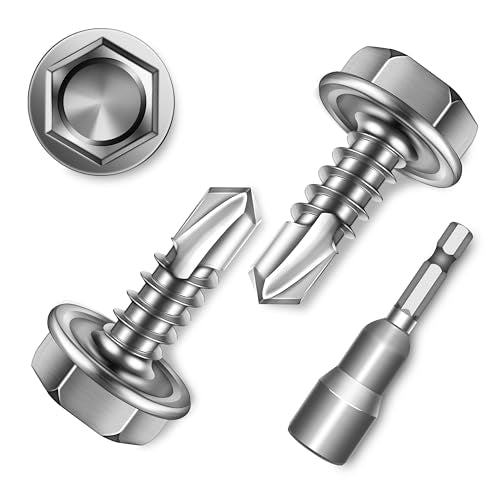 100Pcs #8 x 1/2" Sheet Metal Screws, 410 Stainless Steel Self Drilling Hex Washer Head Self Tapping Screws for Metal with Drill Bit - color: Silver, size: #8 x 1/2"