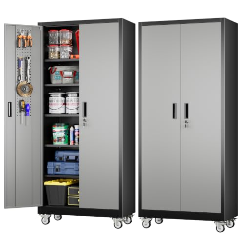 Aobabo Metal Garage Cabinet with Wheels, 34" W x 18" D x 71" H,Gray - color: Black Drak Gray, size: 18"D x 34"W x 71"H