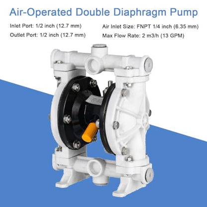 100 PSI Air-Operated Double Diaphragm Pump Membrane Pump Polypropylene 13 GPM Max 1/2 Inch Inlet/Outlet Port Engine Oil Transfer Pump for Chemical Industrial Use