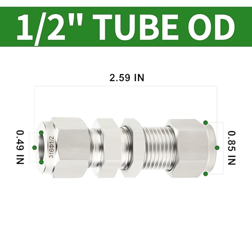 1PCS 304 Stainless Steel Thru-Bulk Bulkhead Compression Tube Pipe Fitting Connector, 1/2" Tube OD x 1/2" Tube OD Straight Adapter, for fuel/air/liquid/oil/gas - size: 1/2" Tube OD