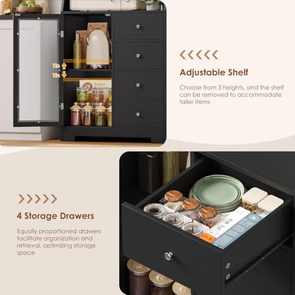 BOTLOG 64'' Kitchen Pantry Storage Cabinet, Tall Kitchen Storage Cabinet with Microwave Stand, Hutch Cabinet with Adjustable Shelves, for Dining Room, Black - color: Black