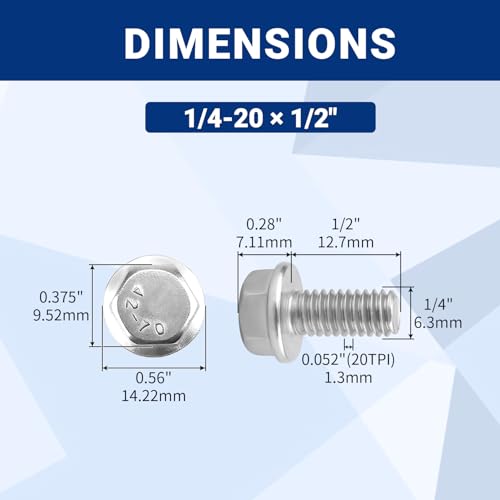 20pcs 1/4-20 x 1/2" Flange Hex Head Bolts (Non-Serrated), 304 SS - size: 1/4-20 x 1/2