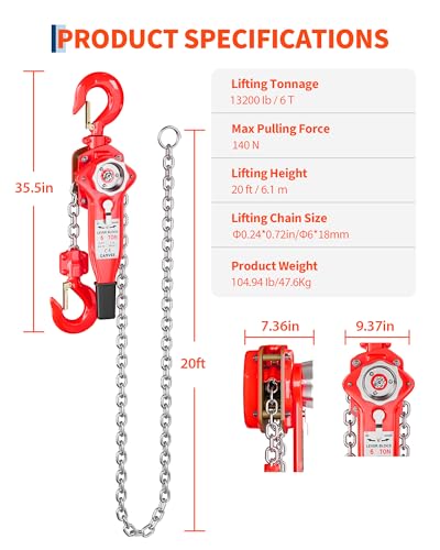 Heavy Duty Come Along–6 Ton 20FT Chain Hoist with G80 Galvanized Chain & Weston Brake,13200 Lb Capacity Chain Come Along Winch,Manual Lever Hoist for Engine Hoist,Garage, Farm,Unpowered Jobs - size: 6T 20FT
