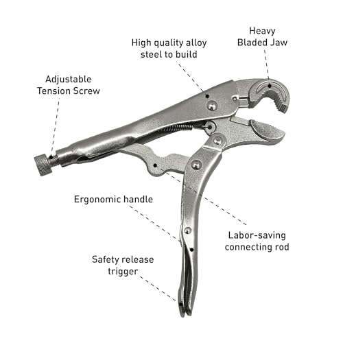 Locking Pliers with Wire Cutter, Cr-Mo Alloy Steel, 3-Side Locking Jaw, Curved Jaw Vise