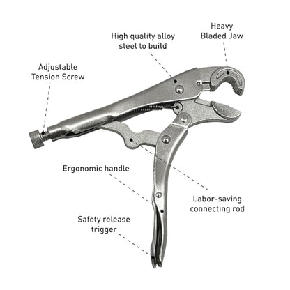 Locking Pliers with Wire Cutter, Cr-Mo Alloy Steel, 3-Side Locking Jaw, Curved Jaw Vise