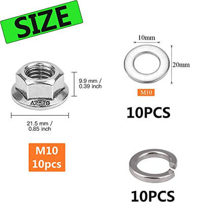 M10 x 1.5mm Serrated Flange Lock Nuts, 30pcs 304 Stainless Steel Metric Hex Flange LockNuts, Bright Finish