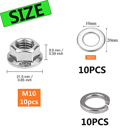 M10 x 1.5mm Serrated Flange Lock Nuts, 30pcs 304 Stainless Steel Metric Hex Flange LockNuts, Bright Finish