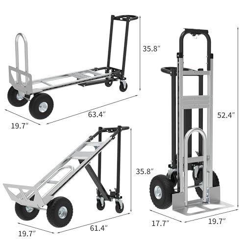 Aluminum Convertible Hand Truck, 800lbs 3 in 1 Folding Dolly Cart Lightweight, Heavy Duty Industrial Platform Cart Handtruck for Construction, Logistics, Shopping, Home, Office Moving-Silver Black - color: Silver