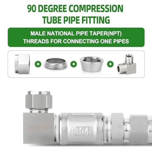 TAISHER 2PCS 304 Stainless Steel Square 90 Degree Compression Tube Pipe Fitting Connector, 1/4" Tube OD x 1/8" NPT Male Adapter - size: 1/4" OD x 1/8" MNPT