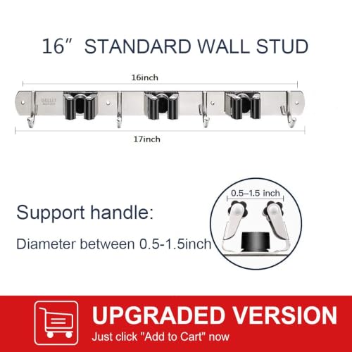 IMILLET Broom Holder Wall Mount Stainless Steel Mop Organizer - color: Stainless Steel - 3 Racks with 4 Hooks, size: 1 Pack