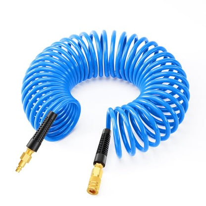 GASHER 1/4" x 25FT Polyurethane Recoil Air Hose with Bend Restrictor, 1/4" Industrial Quick Coupler and Plug - color: Blue, size: 1/4" x 25FT