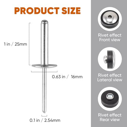 ALLCLEAN (80 pcs) 3/16 * 1" Large Flange Open End Aluminum Blind Rivets,4.8 * 25 Pop Blind Rivet - color: Silver, size: 3/16"*1"