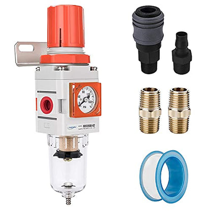 NANPU 1/4" NPT Embedded Gauge Compressed Air Filter/Regulator Piggyback Combo, Semi-Auto Drain, 5 Micron Brass Element, Poly Bowl, Metal Bracket