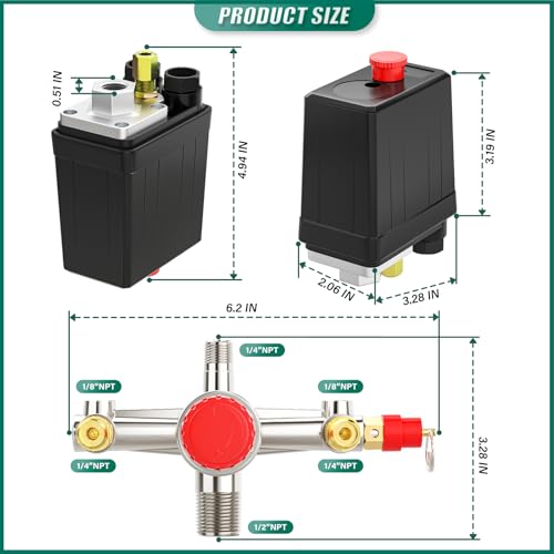 Air Compressor Pressure Switch Control Valve Kit 1 Way, 90-120 PSI, 110V-240V, With 0-180 Pressure gauge & Manifold Regulator - size: 90-120 PSI