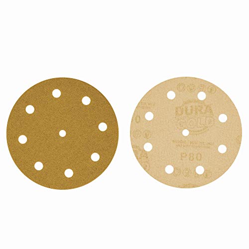 Dura-Gold 5" Gold Sanding Discs, 80 Grit, Box of 50, 9 Hole Pattern, H & L - size: 80-Grit