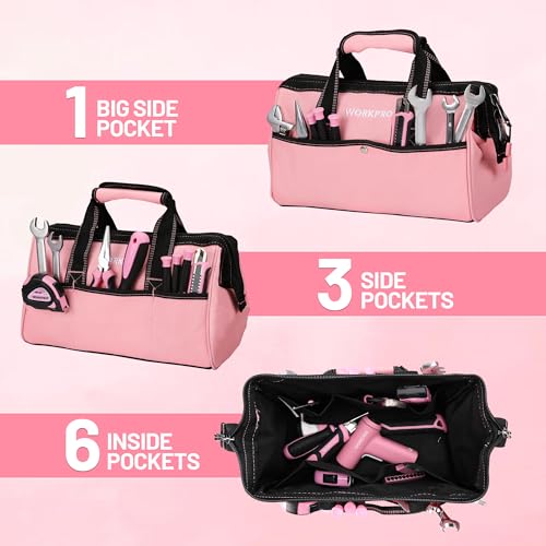WORKPRO 13-Inch Tool Bag, Pink Soft Cloth Tool Storage Bags, Wide Mouth Tool Tote Bag with Inside Pockets - Pink Ribbon - color: Pink