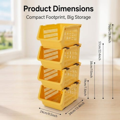 4 Pcs Open Front Stackable Storage Bins, PP Stacking Organizer Baskets with Rolling Wheels, Telescopic Buckles, Nestable, 38.58lbs Load - color: Yellow