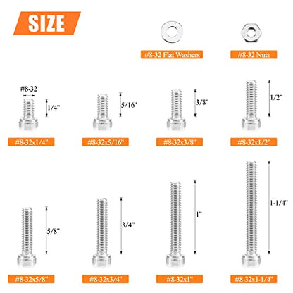 HELIFOUNER 200 Pieces #8-32 x 1/4" 5/16" 3/8" 1/2" 5/8" 3/4" 1" 1-1/4", Hex Socket Head Cap Screws Bolts Washers Nuts Kit, Coarse Thread, Fully Machine Threaded, 304 Stainless Steel - size: #8-32, style: Socket Head
