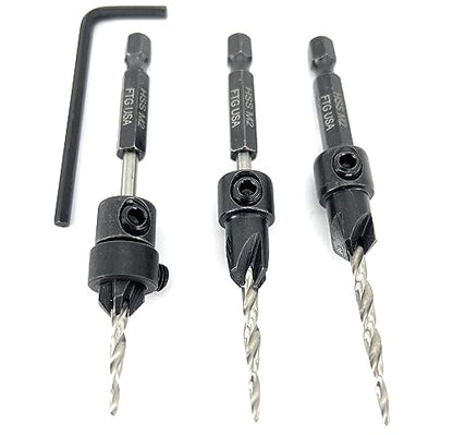 FTG USA #6 (9/64") Wood Countersink Drill Bit 3-Pc Set with 3/8" Depth Stop - size: #6, style: 3 Pc with Depth Stop