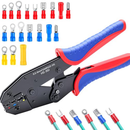 smseace Wire Crimping Tool for Insulated Electrical Connectors 22-10AWG Professional Ratcheting Terminal Crimper - color: Red&blue
