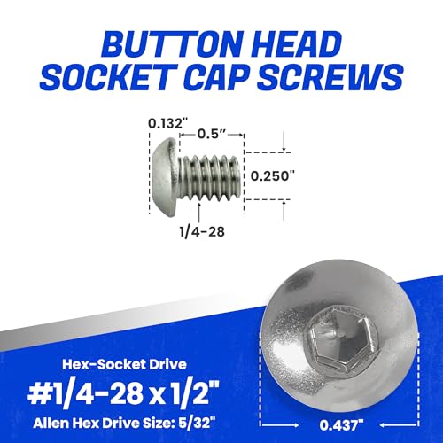 Fastenere Button Head Socket Cap Screws - 1/4-28 x 1/2" (25 Pack) Stainless Steel 18-8, Full Thread, Bright Plain Finish, Corrosion-Resistant, Machine Thread, Easy to Install w/Allen Socket Drive - size: 1/4-28 x 1/2" (25 Pack)